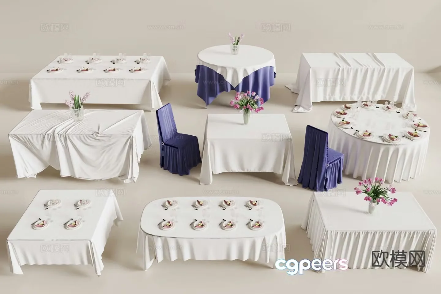 Modern dining table and chairs banquet table 3d model