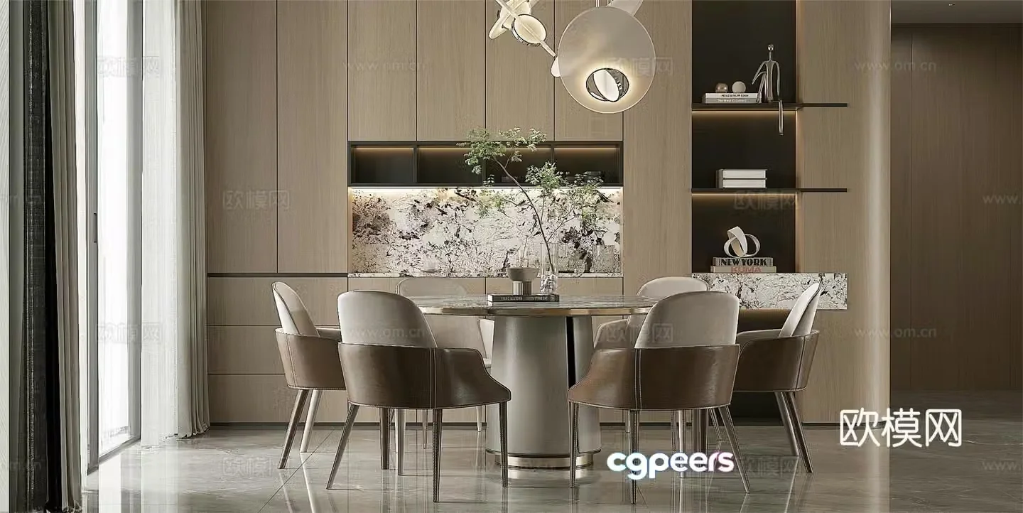 Modern light luxury Italian home restaurant Open restaurant Island restaurant Black and white and gray restaurant Round table 3D model