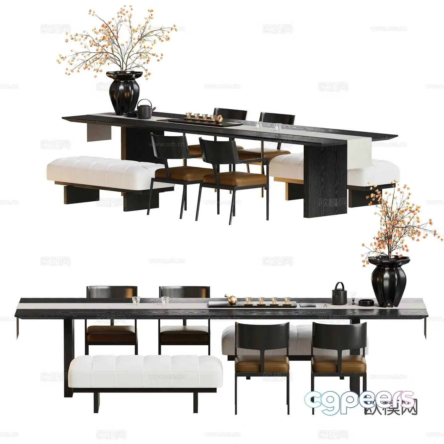 New Chinese-style tea table and chairs large table 3D model