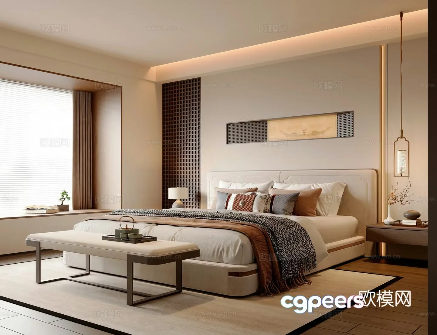 New Chinese style bedroom Master bedroom New Chinese style double bed New Chinese style bedside table New Chinese style bedside stool 3D model