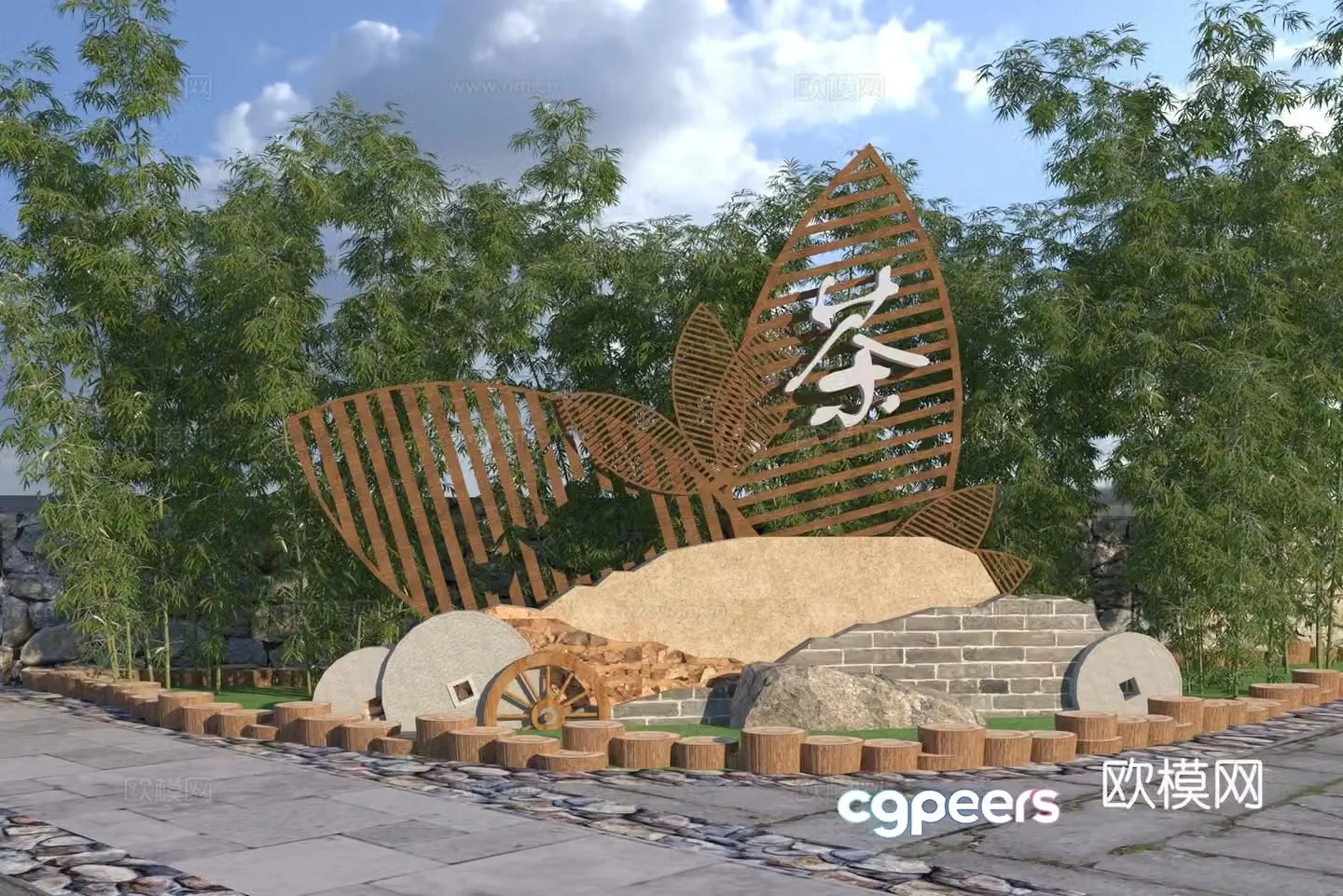 New Chinese tea culture landscape sculpture 3D model