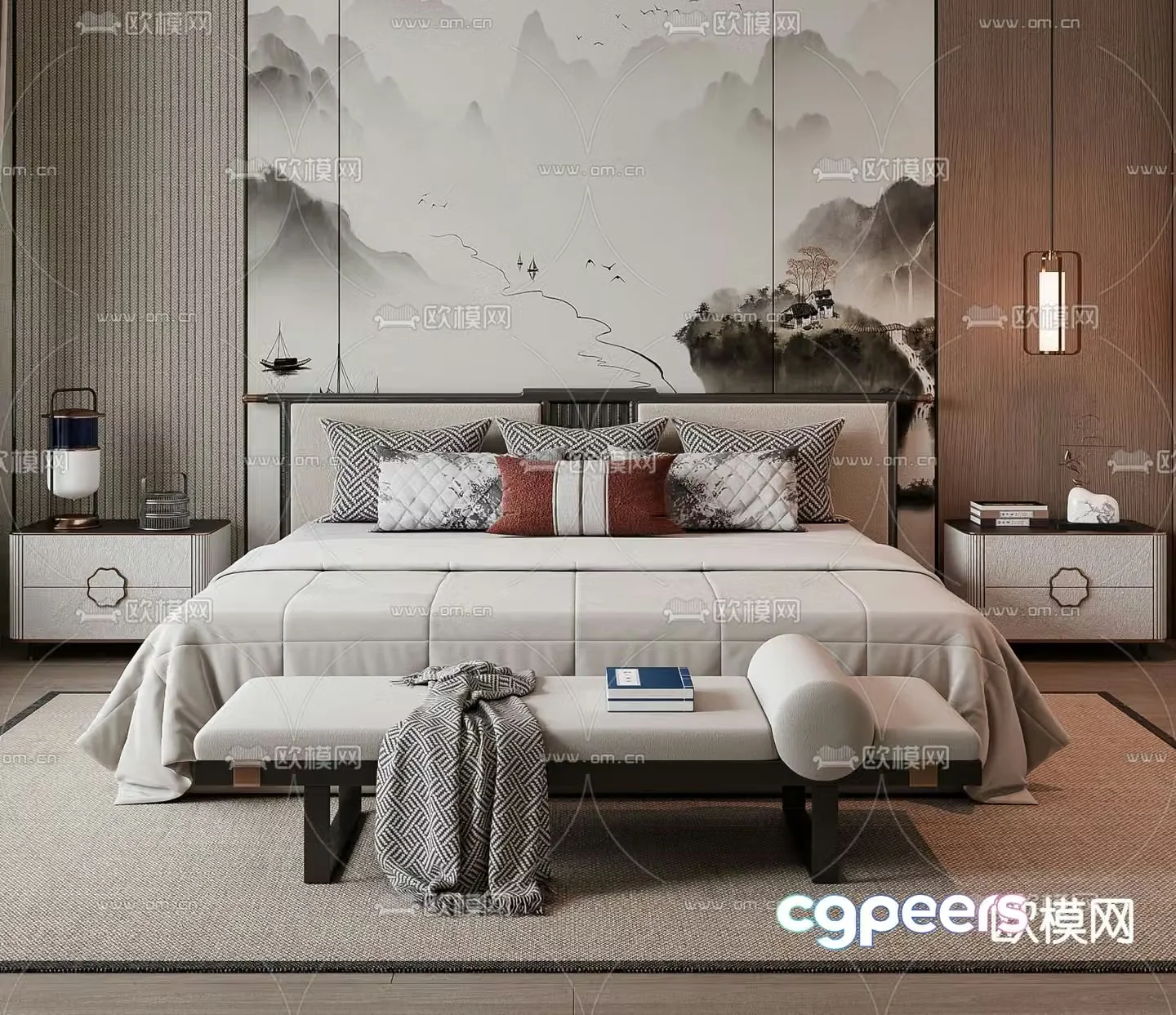 New Chinese style double bed 3d model