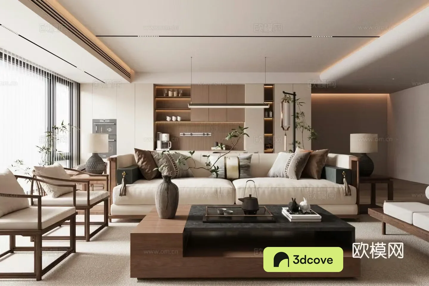 New Chinese-style home living room horizontal living room design sofa coffee table combination living room without owner light
