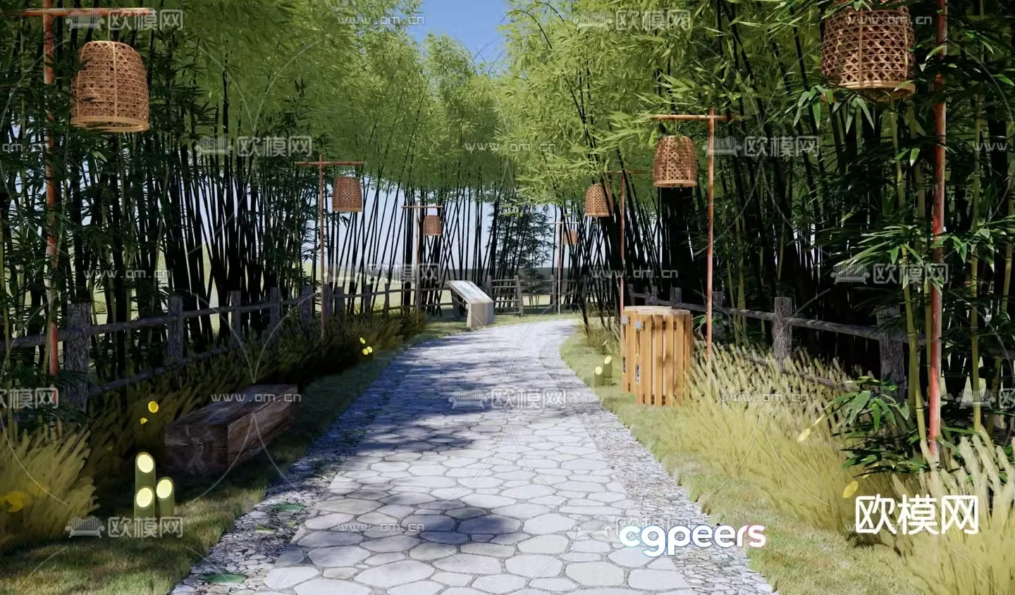 Bamboo Forest Park Landscape Bamboo Forest Path 3D Model