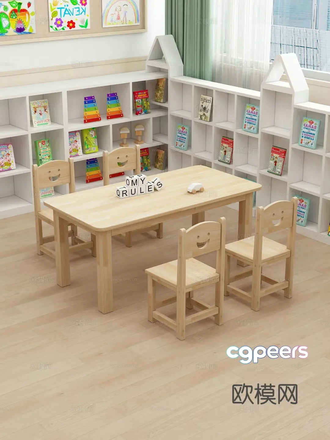 Children’s solid wood table and chairs Kindergarten Toys Table Toys Books 3D Model
