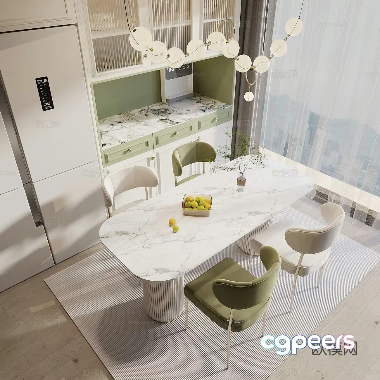 Modern cream style dining table and chair combination long table restaurant restaurant chandeliers wine cabinet sideboard refrigerator 3D model