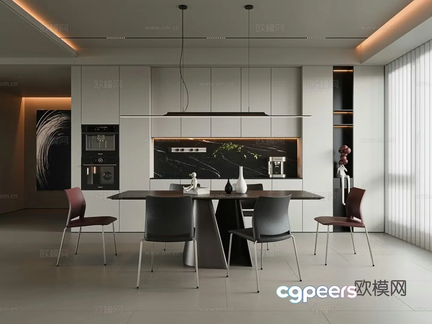 Italian minimalist restaurant Long dining table Rock slab dining table Single chair Metal dining chair Sideboard Wine 3D model