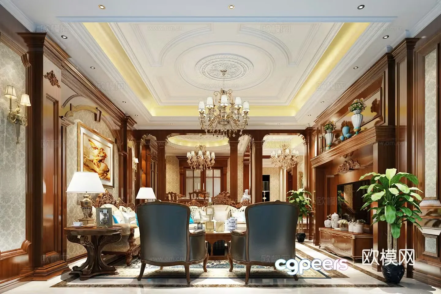 American luxury living and dining room 3D model
