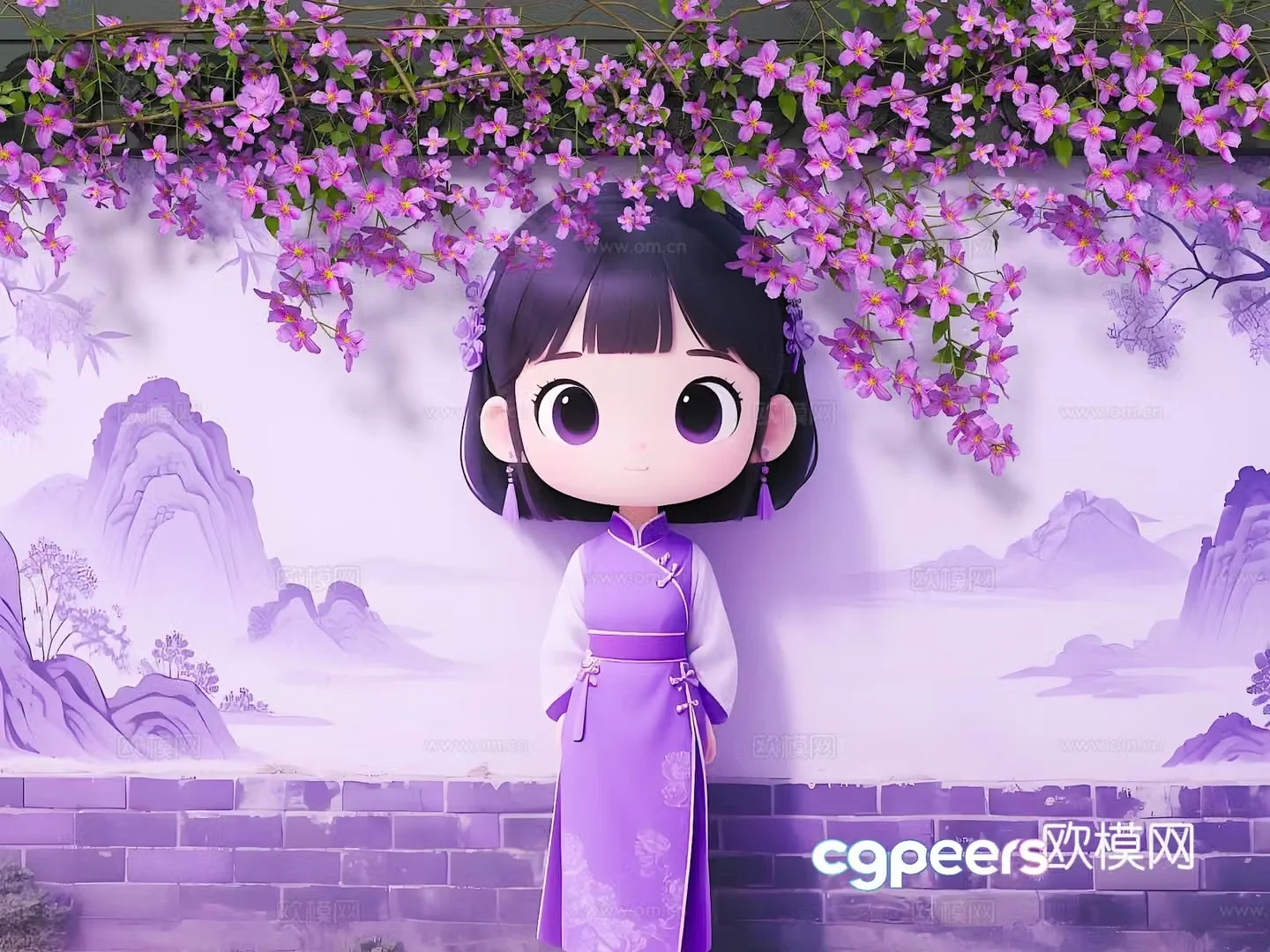 Flower wall fence cartoon wall flower girl hair modern beauty wall wall painting 3d model