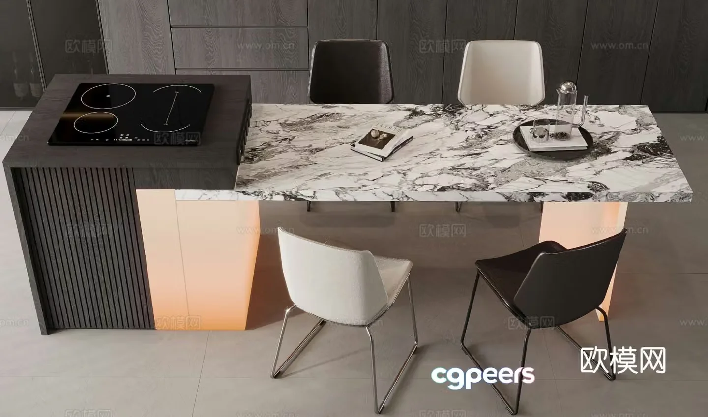 Modern island dining table and chairs 3d model