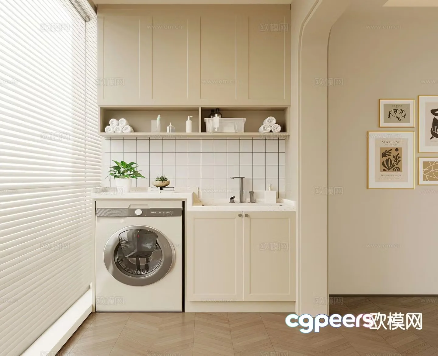 Cream style balcony cabinet laundry cabinet 3D model