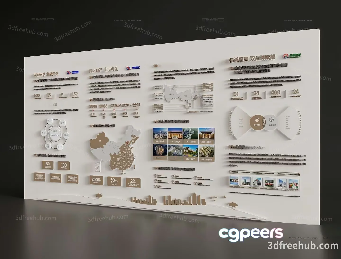 A 3D Infographic On A White Wall Showcasing Various 3D Model – 18760 – VRAY Render