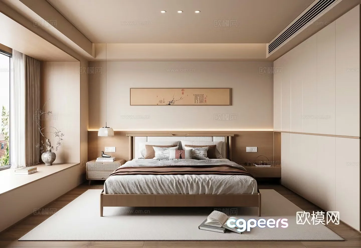New Chinese style Song style bedroom New Chinese style without lights Song style double bed hanging painting 3D model