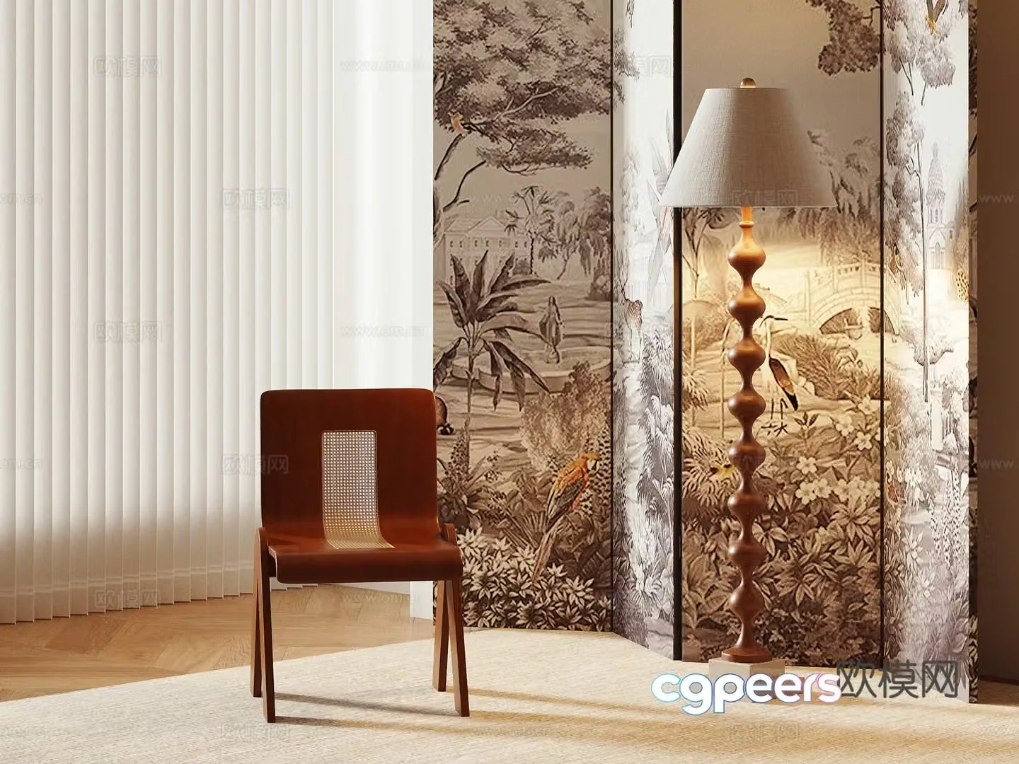 French screen Folding screen Floor lamp Leisure chair 3d model