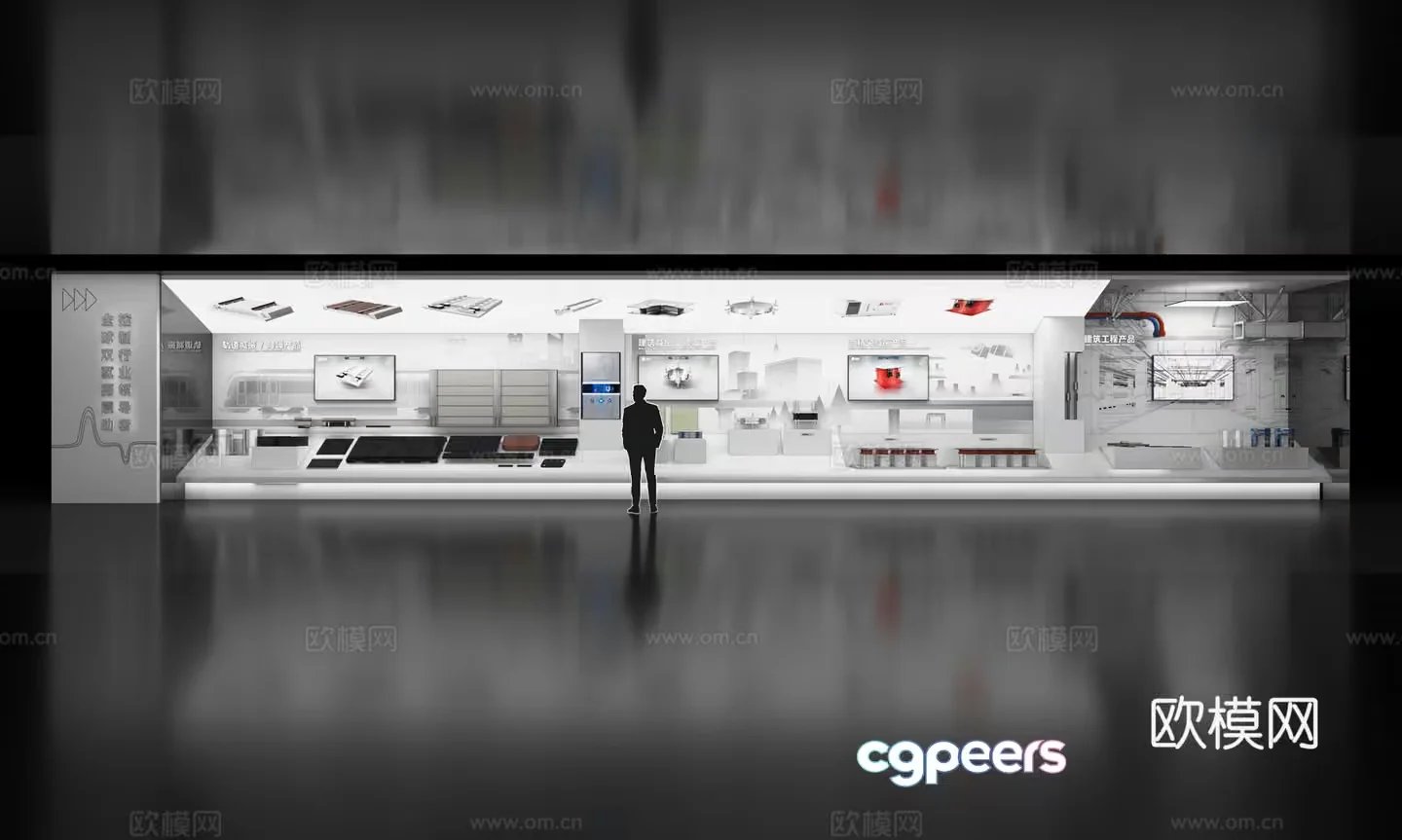 A Man In A Suit Standing In Front Of A Large Display Of Various Products 3D Model – 15154 – VRAY Render