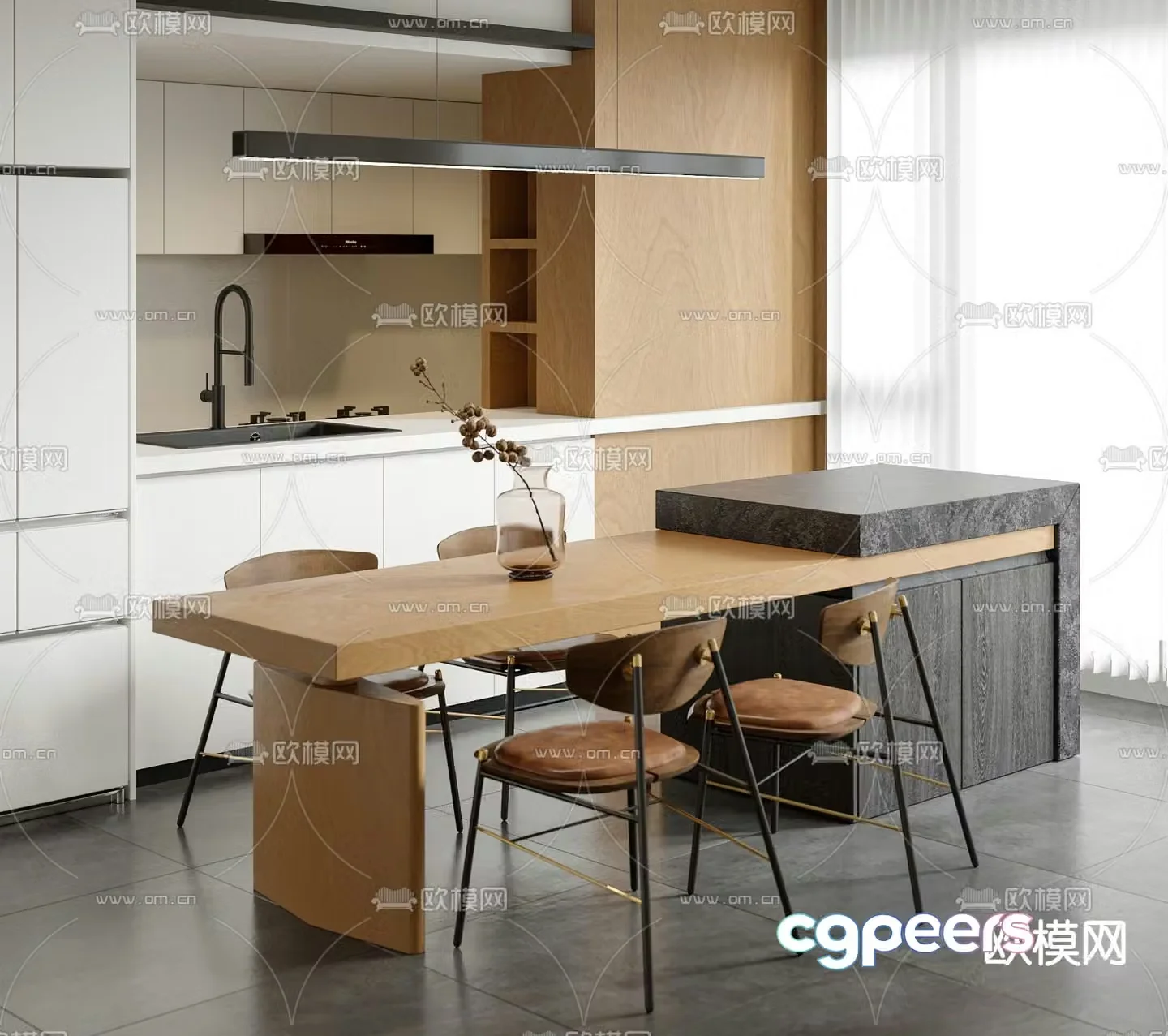 Island dining table and chairs 3d model