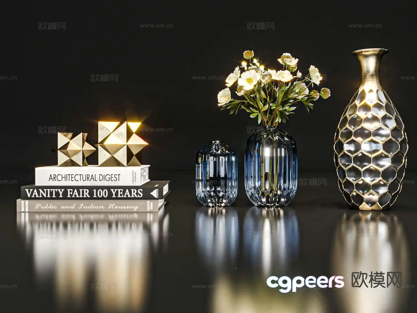 Modern decorations tableware books vases 3D model