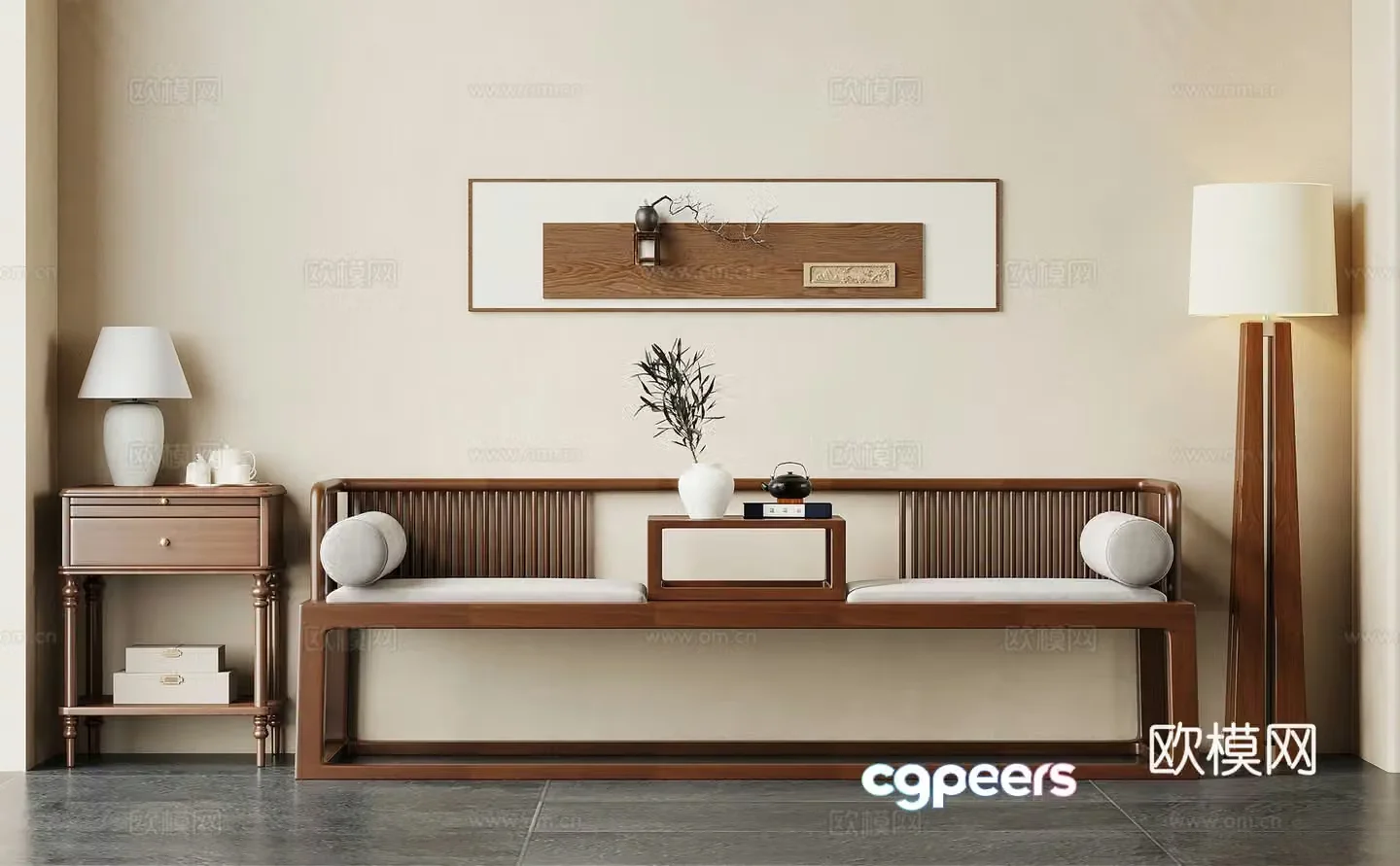 08 Arhat Bed New Chinese Arhat Bed Floor Lamp Decorative Painting 3D Model