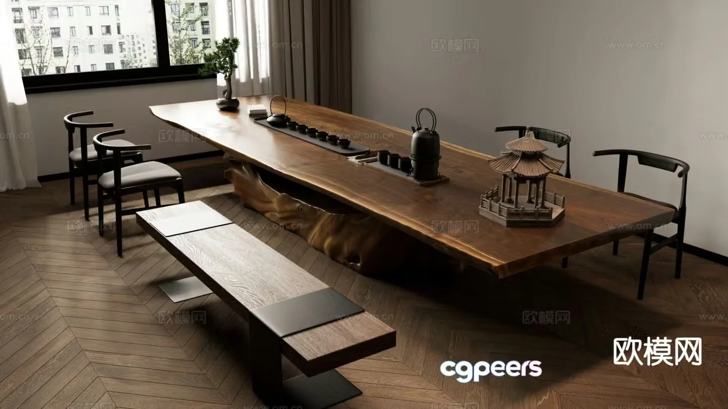 New Chinese tea table and chairs 3d model