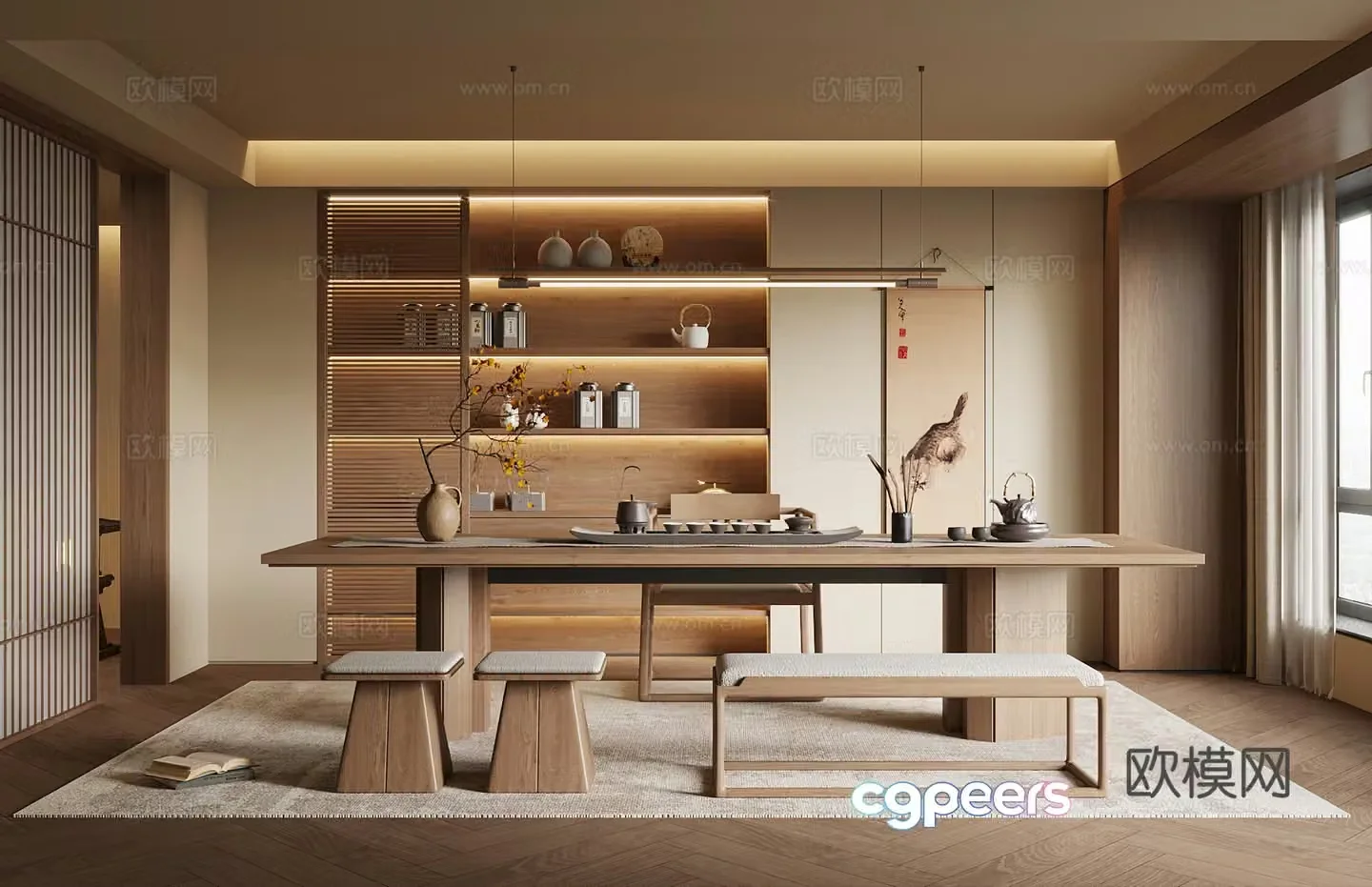 New Chinese-style tea room tea table and chair chandelier 3d model