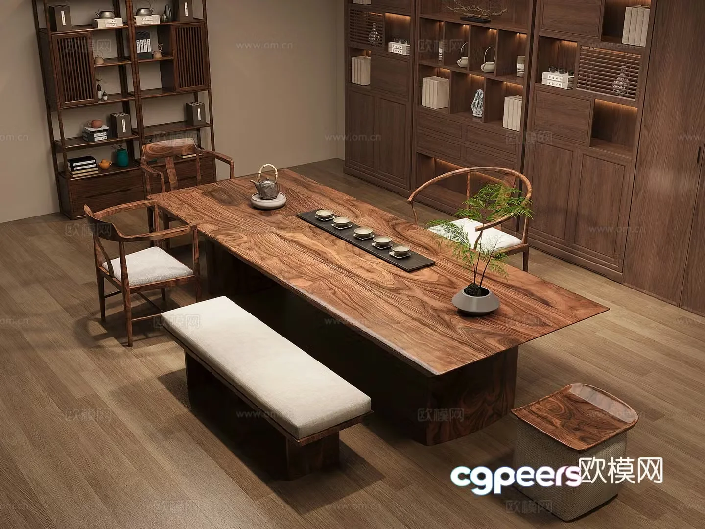 New Chinese-style solid wood tea table and chair combination large board table tea table solid wood storage cabinet tea cabinet 3D model