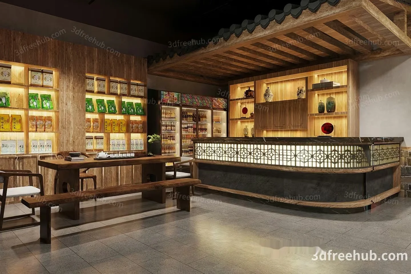 Wooden Bar Area 3D Model – 18644 – VRAY Render