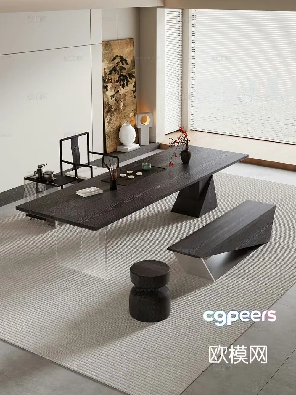 Creamy large plate table tea table and chair combination tea table tea table tea room tea table balcony tea table 3D model