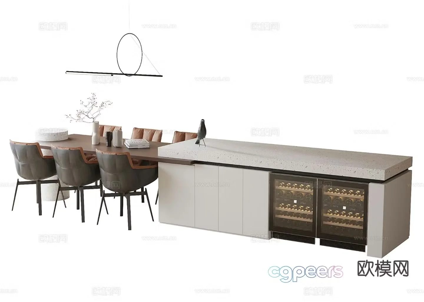 Island dining table and chairs solid wood dining table 3d model
