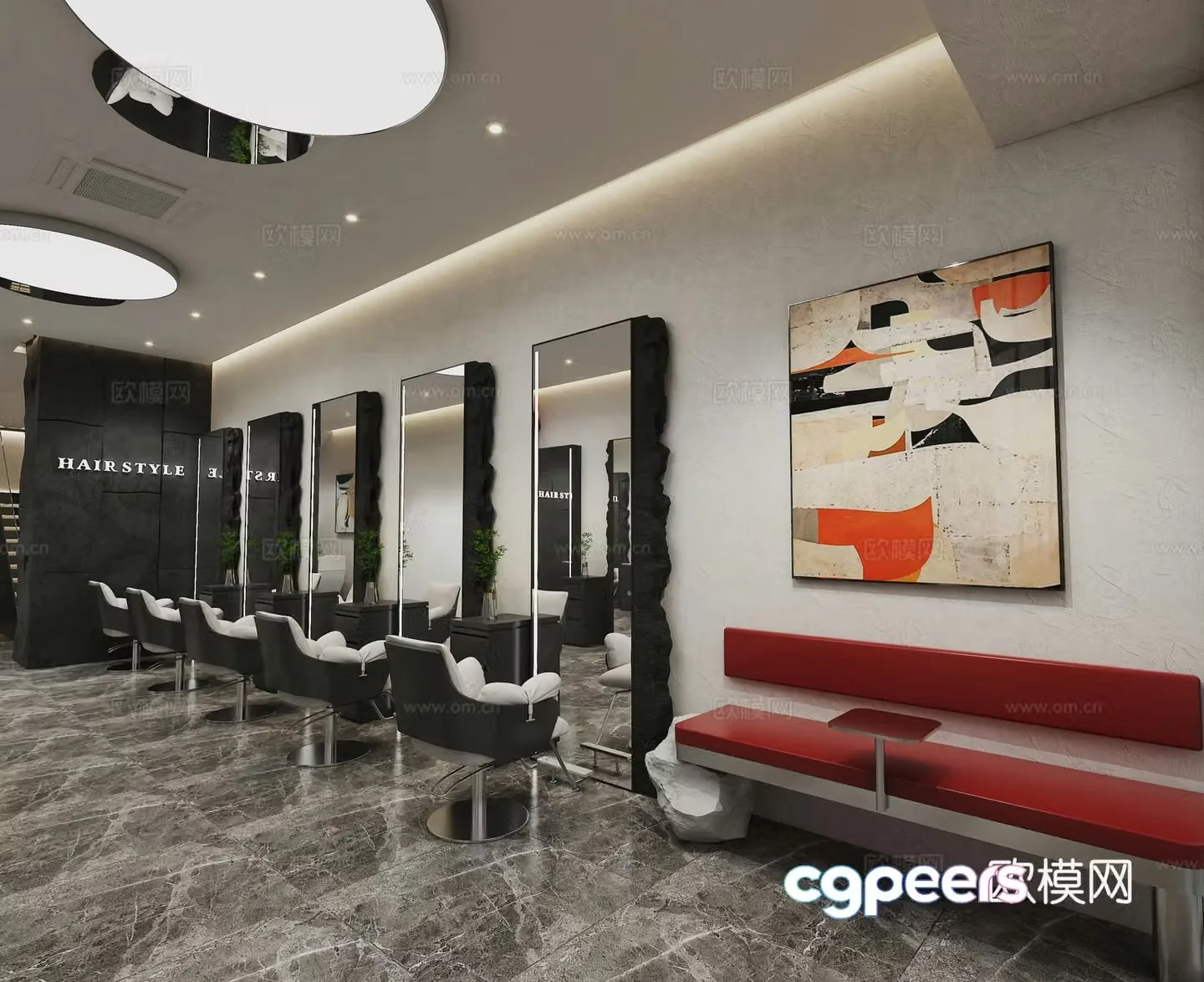 Modern hair salon internet celebrity barber shop internet celebrity mirror image wall booth leisure area 3D model