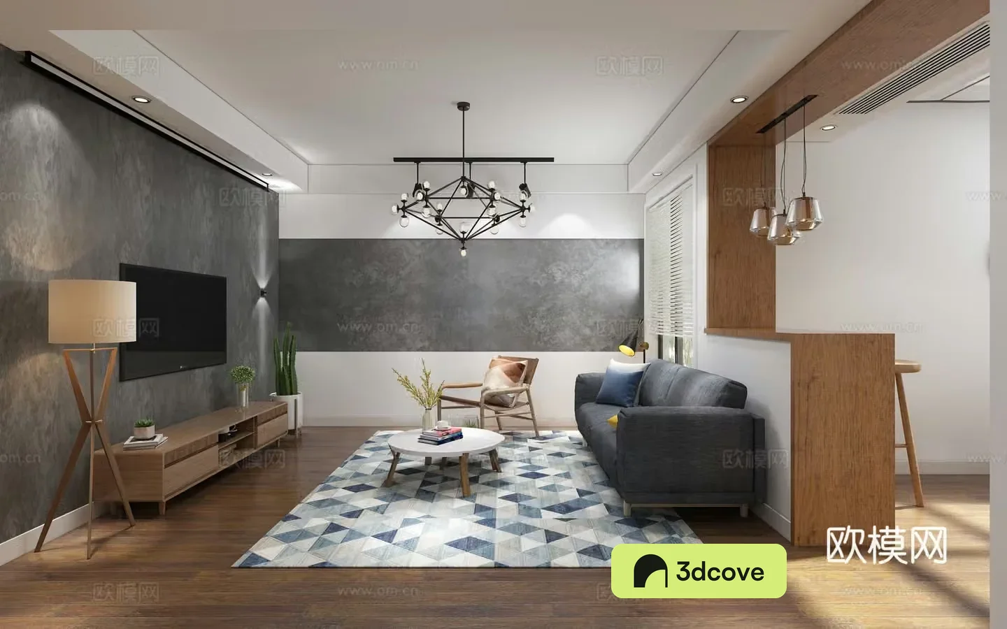 Nordic living restaurant chandeliers multi-person sofas coffee table floor lamp decorative cabinet carpet