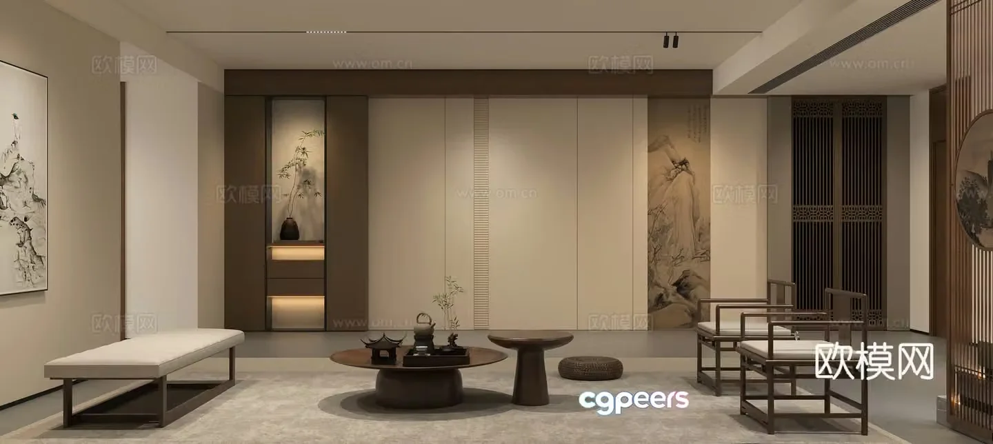 New Chinese style living room sofa Song’s living room coffee table combination Song’s Zen background wall Song’s wall painting wall 3D model