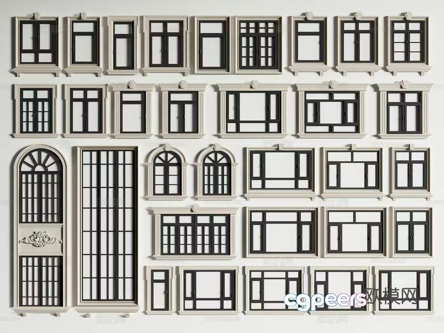 European style windows casement windows floor-to-ceiling windows arched windows 3d model
