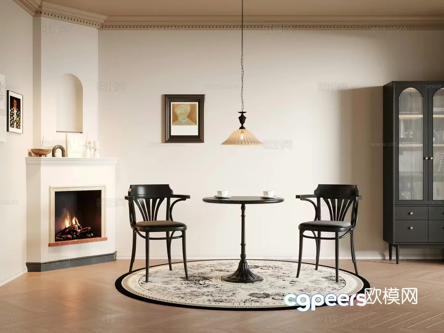 French retro style restaurant dining table and chair combination 3D model