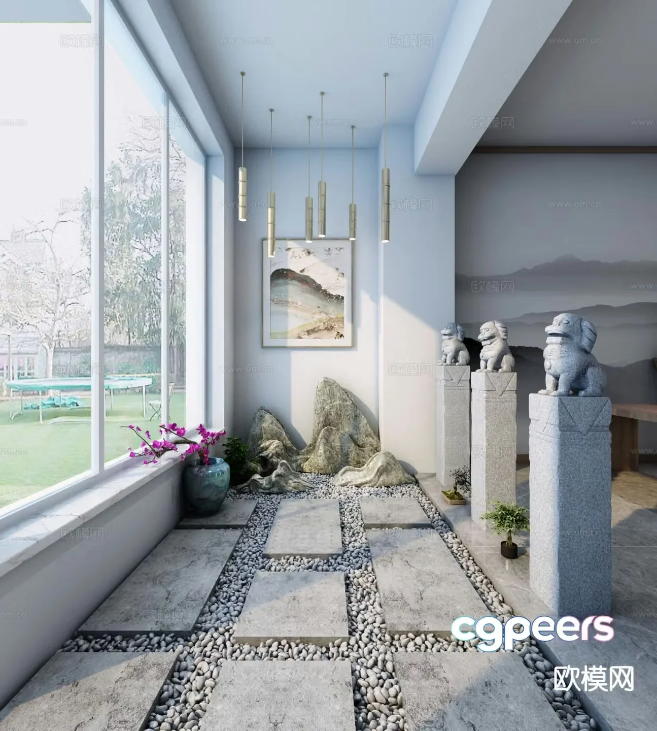 New Chinese style balcony dry landscape 3D model