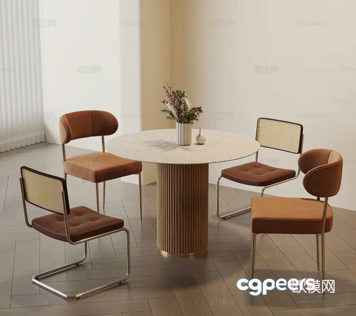 Modern cream style dining table and chair 3d model