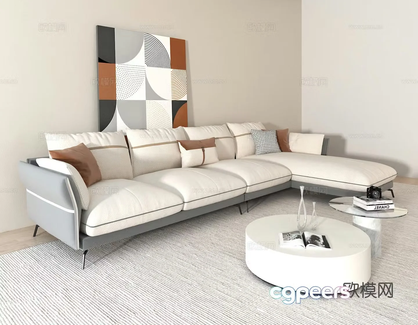 Modern multi-person L-shaped sofa coffee table combination 3D model