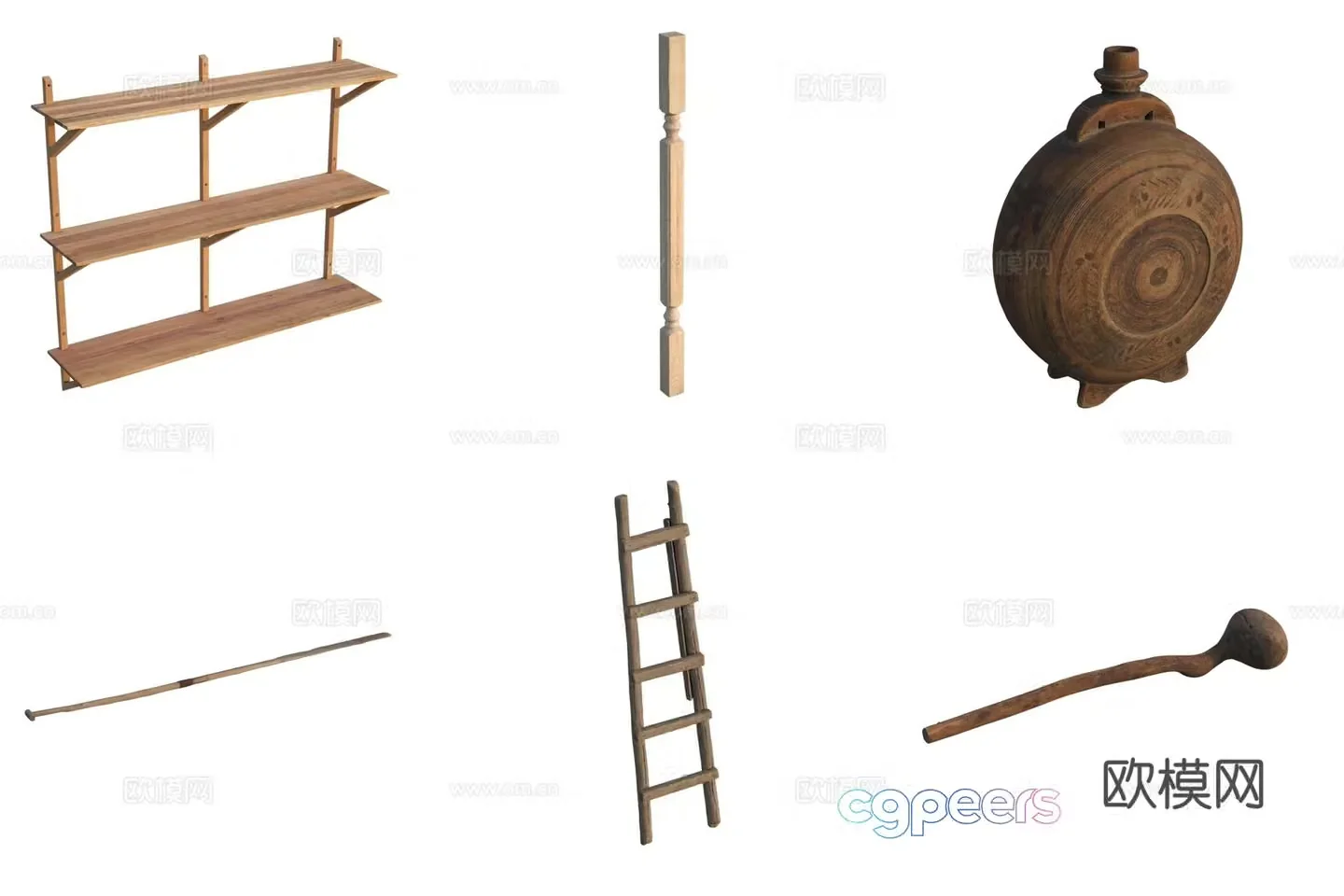 Wood stick crutch wooden ladder storage rack wood carving 3d model