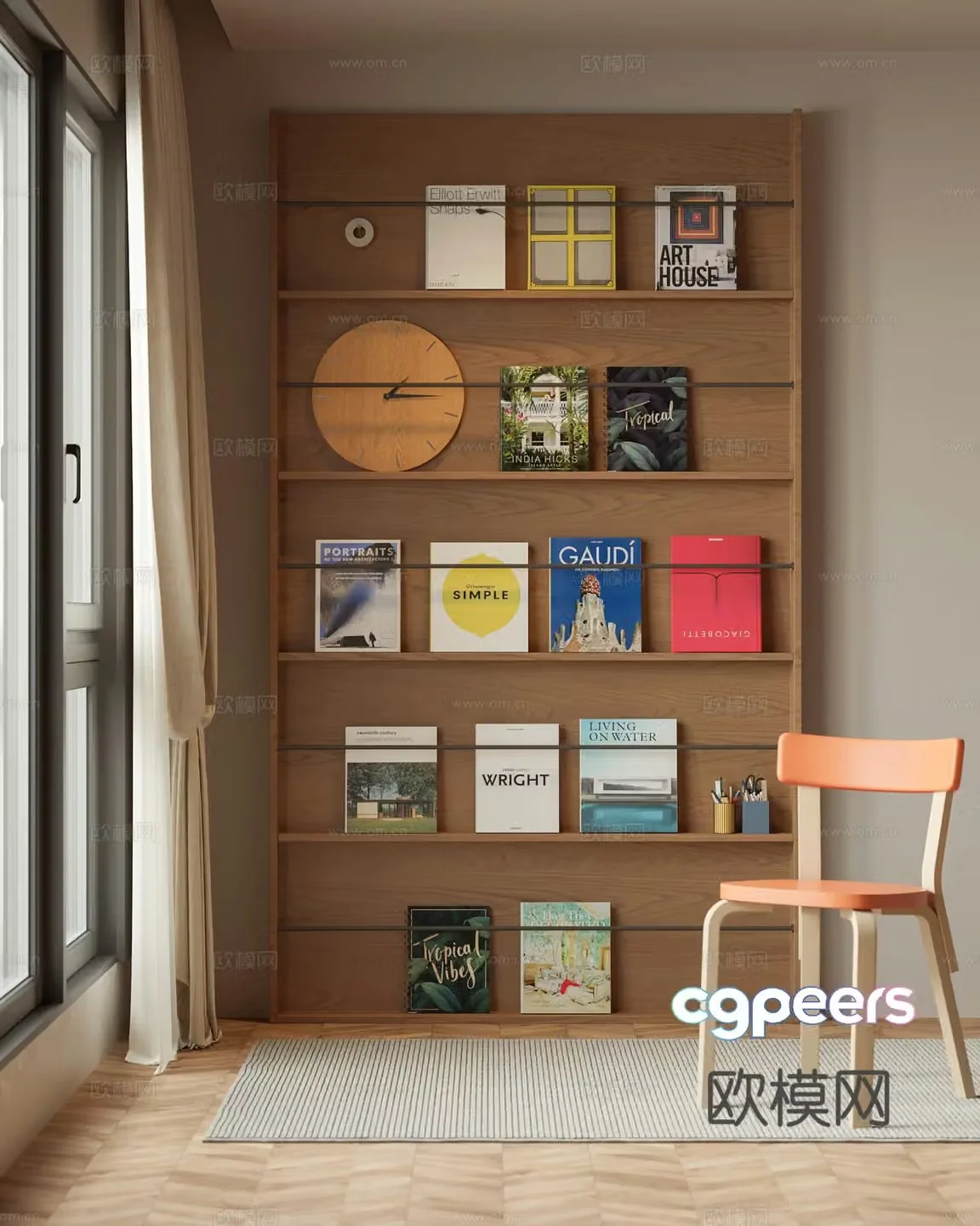 Middle-aged wood grain bookshelf 3D model