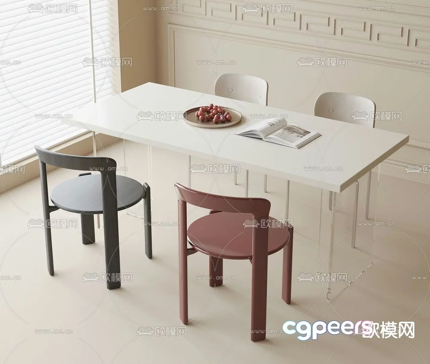 Cream style dining table and chairs strip dining table 3d model