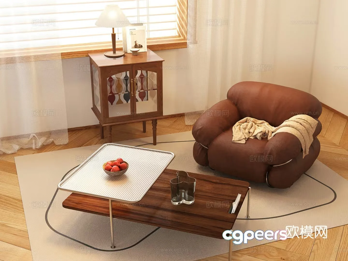 Light luxury single sofa casual sofa leather sofa side corner table lamp carpet 3D model