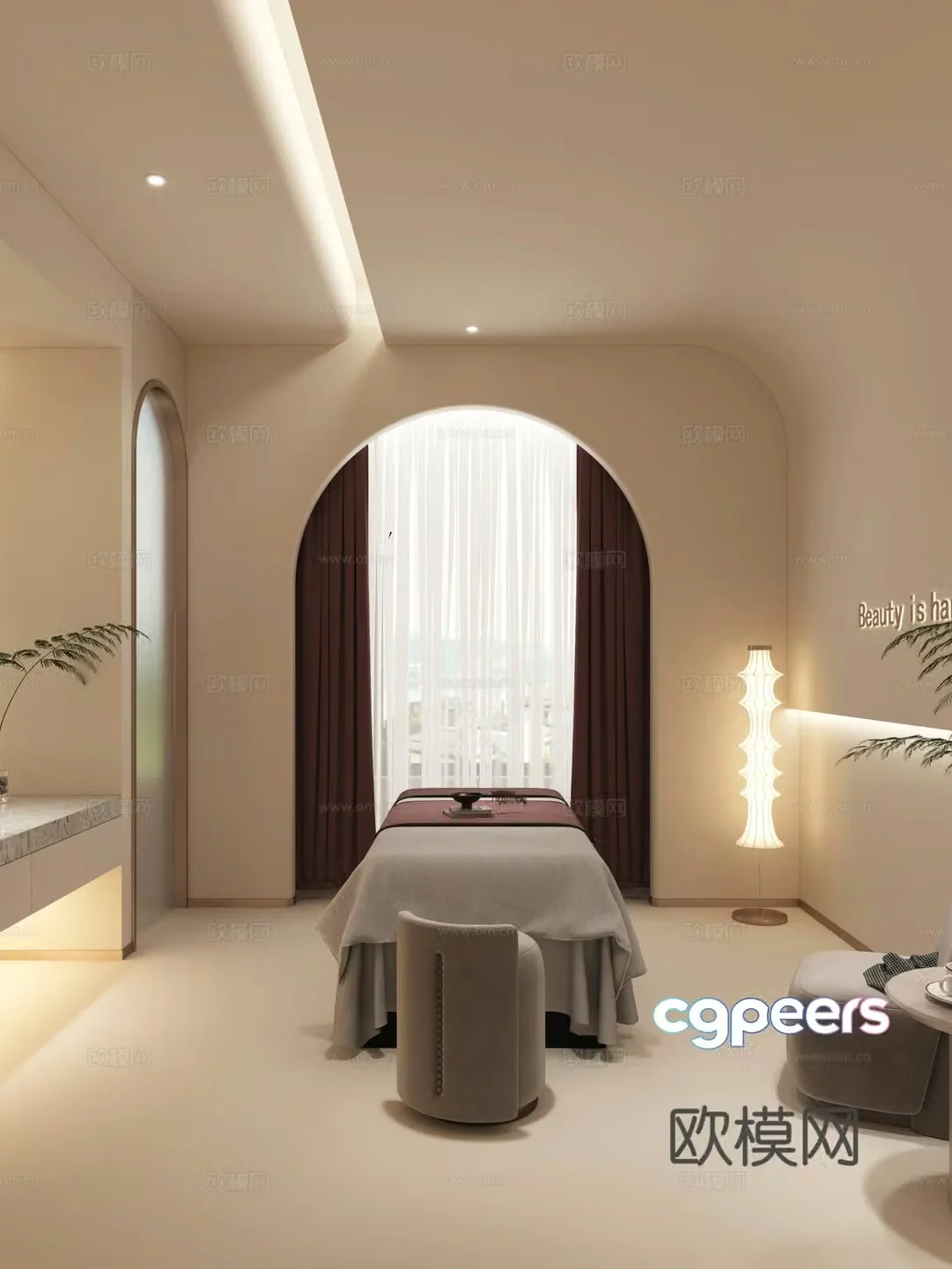 Modern_Beauty Private Room_Beauty Bed_Lounge Chair_Floor Lamp_Drop Curtain 3D Model