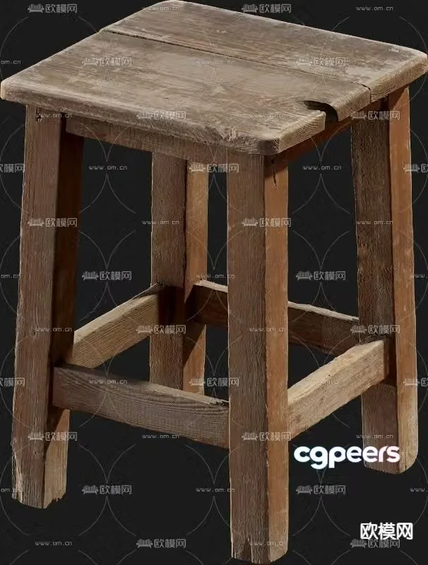 Old solid wood stool 3d model
