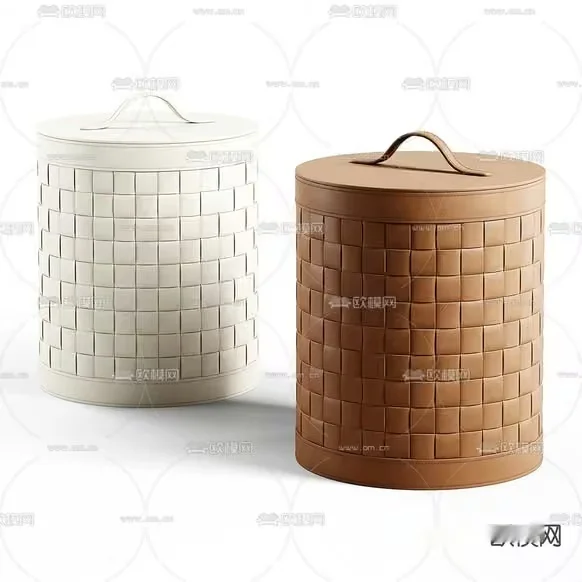 Two Cylindrical Containers With Lids Made Of Leather Or Faux Leather 3D Model – 17311 – VRAY Render
