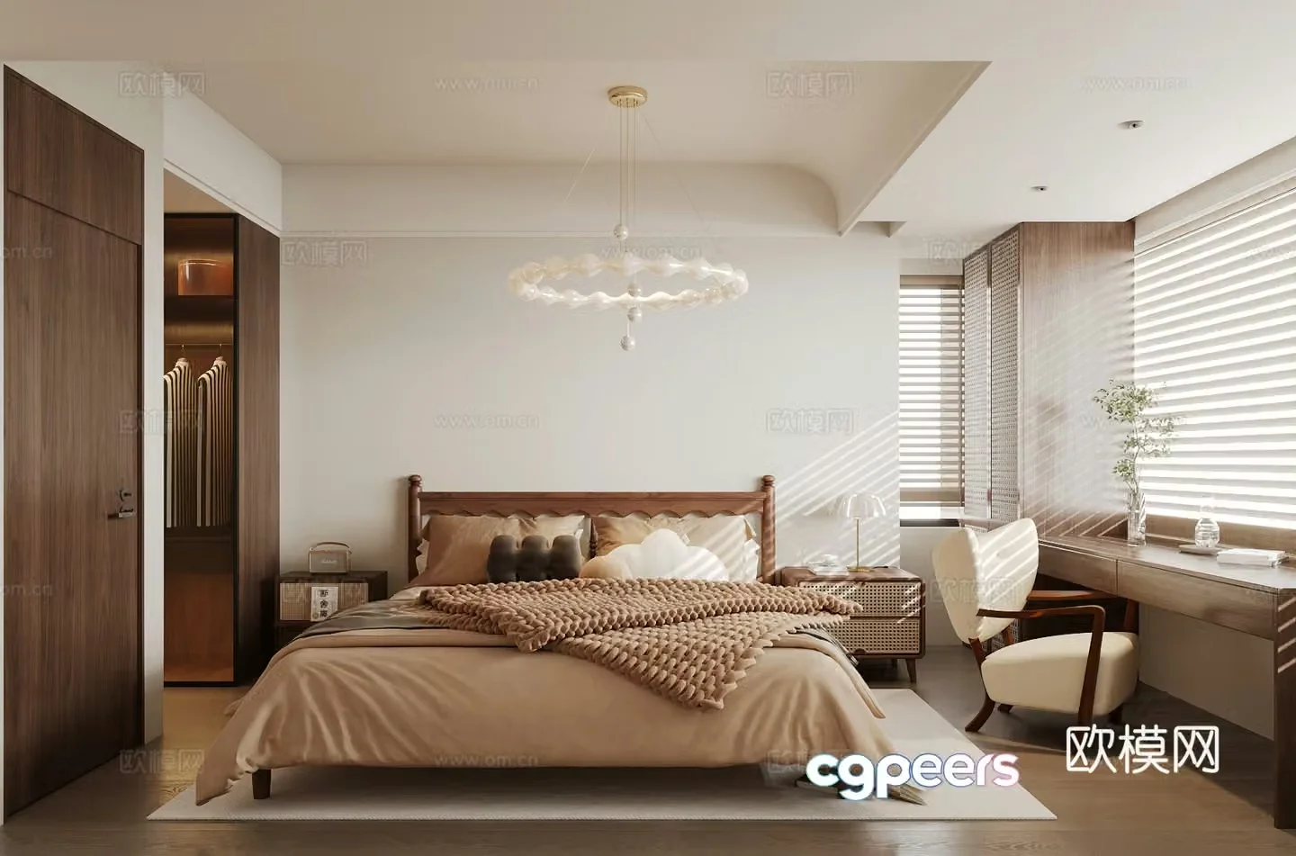 Middle style home bedroom Middle style elder room Second bedroom Middle style bedroom bed Middle style bedside table 3D model