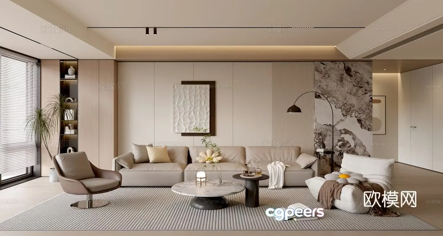 Modern creamy living room light luxury TV background wall combination coffee table sofa background wall 3d model