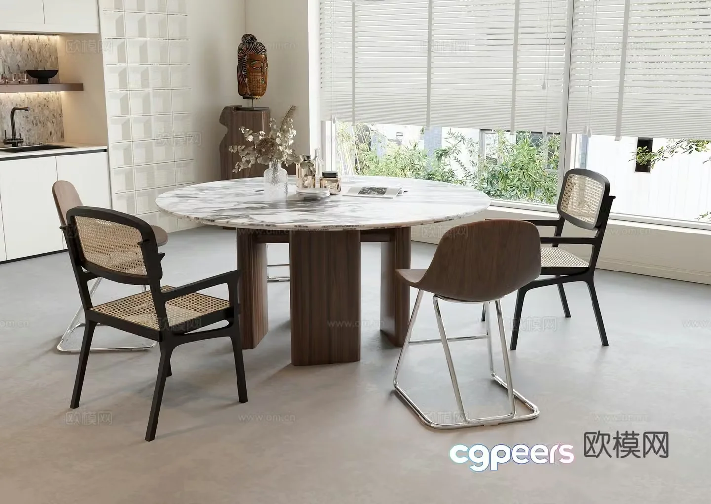 Silent dining table chair round dining table 3D model