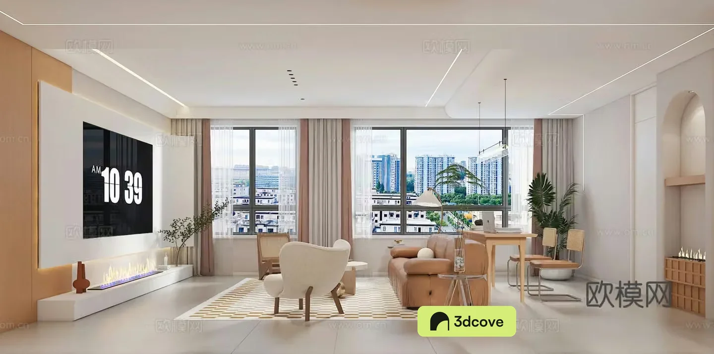 Modern living room Study desk Combination sofa TV background wall Fireplace Nordic living room