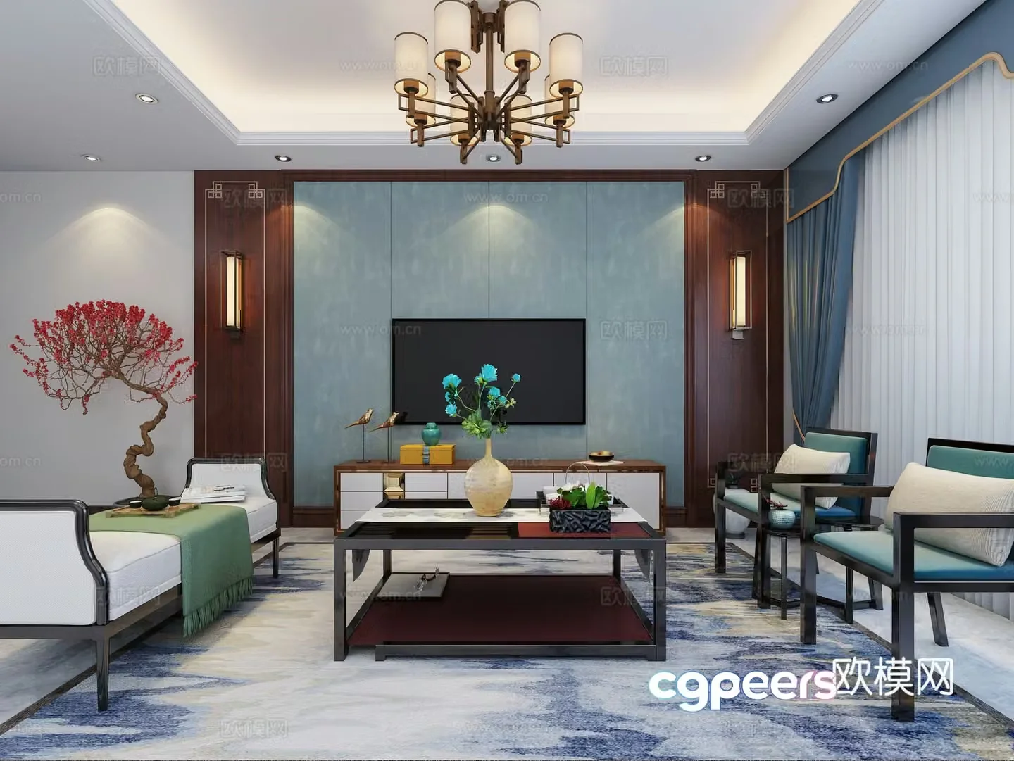 New Chinese style living room background wall sofa chandelier 3d model