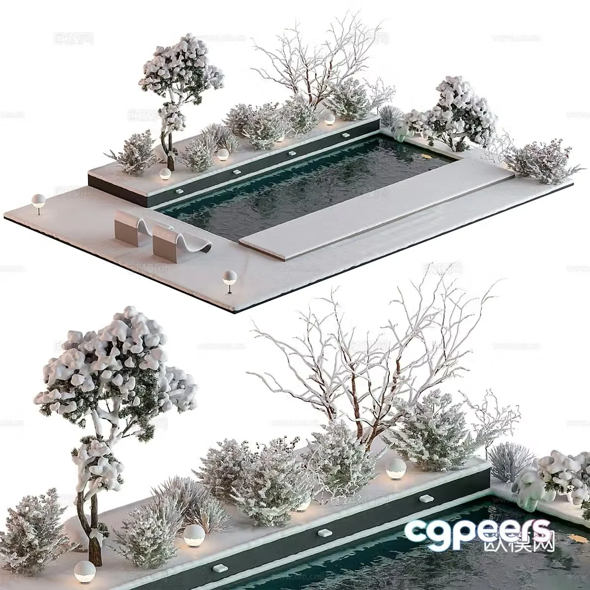 Modern garden snow scene 3d model