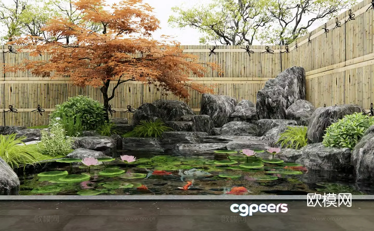 New Chinese style rockery landscape lotus fish pond stone stacked landscape courtyard sketch red maple 3d model